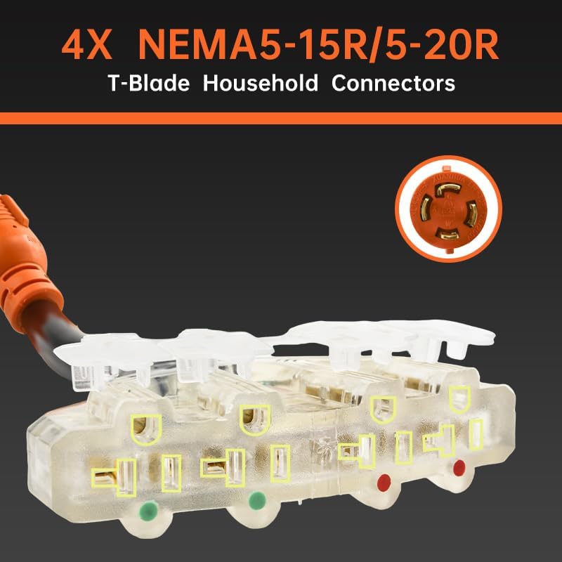 NVKABVY 30 Amp to 110 Adapter RV Cord, 30 Amp to 20 Amp Adapter, l14-30P Male to 4X 5-15R/5-20R T-Blade Household Outlet Female with Lighted Power Indicator UL Listed (L14-30P to 4X5-15R/5-20R) - Image 2